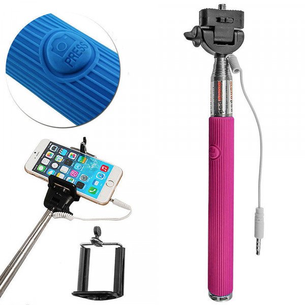 Wholesale Wired Selfie Stick with Remote Small Clip (Hot Pink)